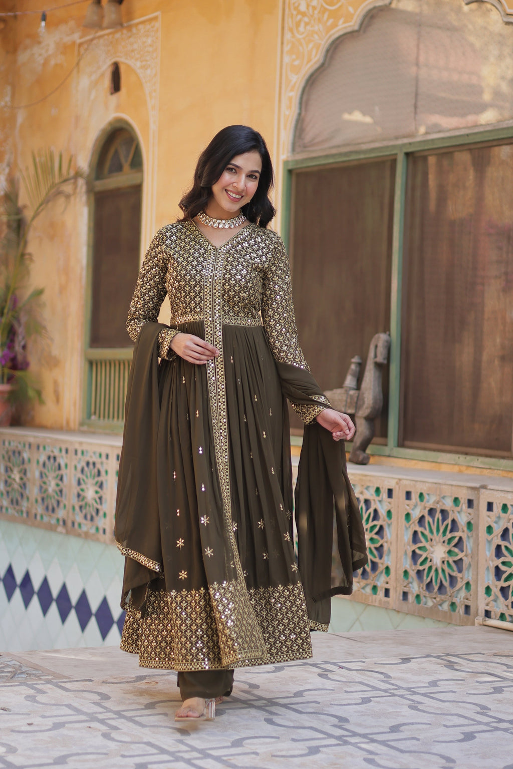 Deeshna mehndi green embroidered anarkali gown set