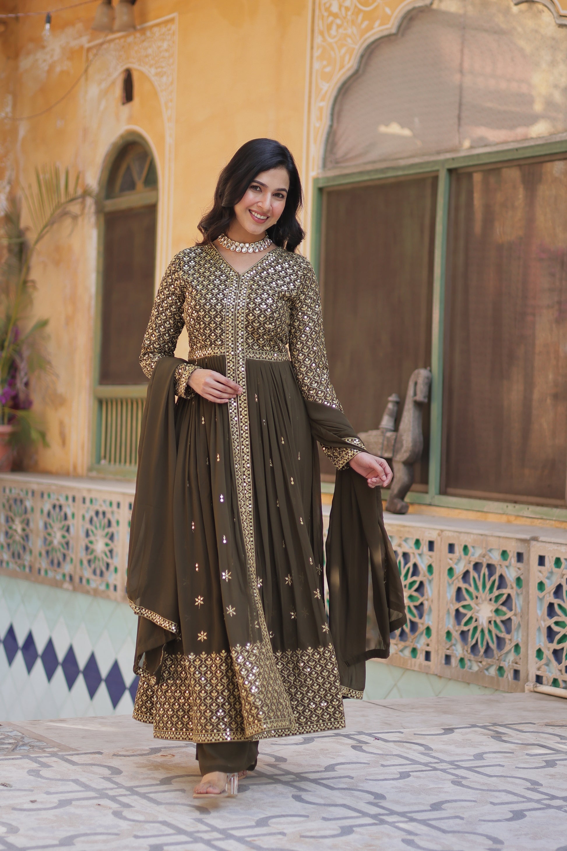 Deeshna mehndi green embroidered anarkali gown set