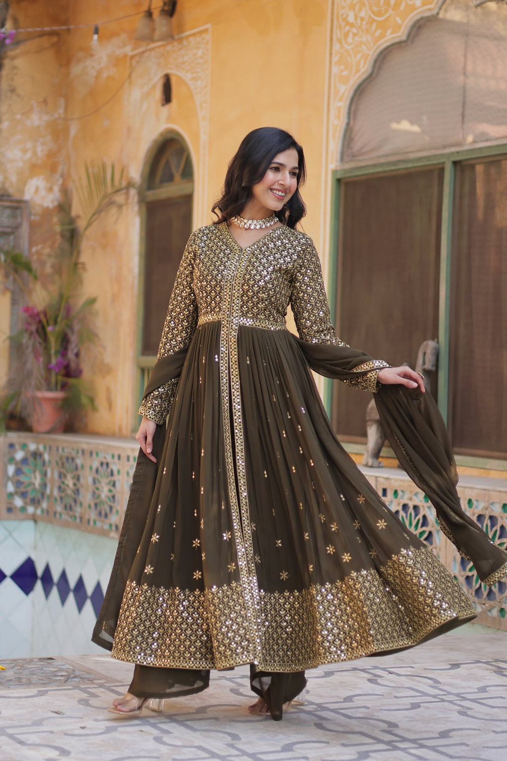 Deeshna mehndi green embroidered anarkali gown set