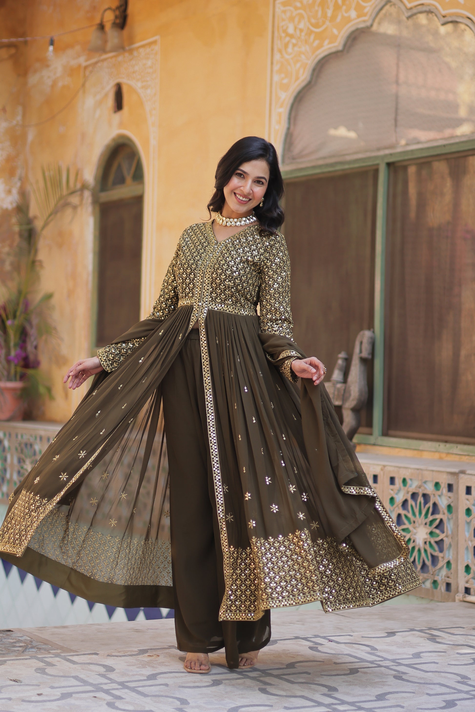 Deeshna mehndi green embroidered anarkali gown set