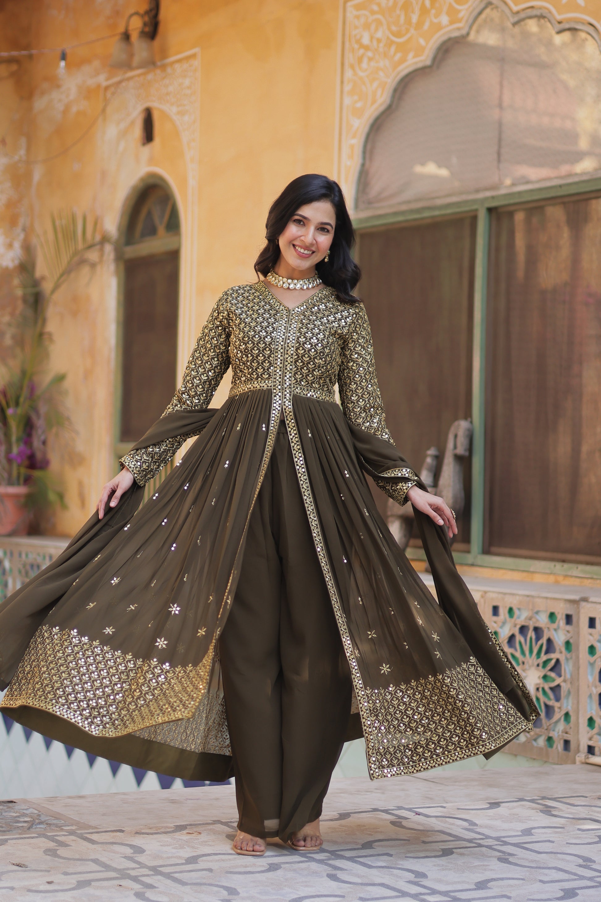 Deeshna mehndi green embroidered anarkali gown set