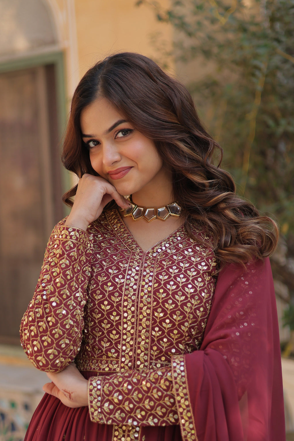 Deeshna peach embroidered anarkali gown set
