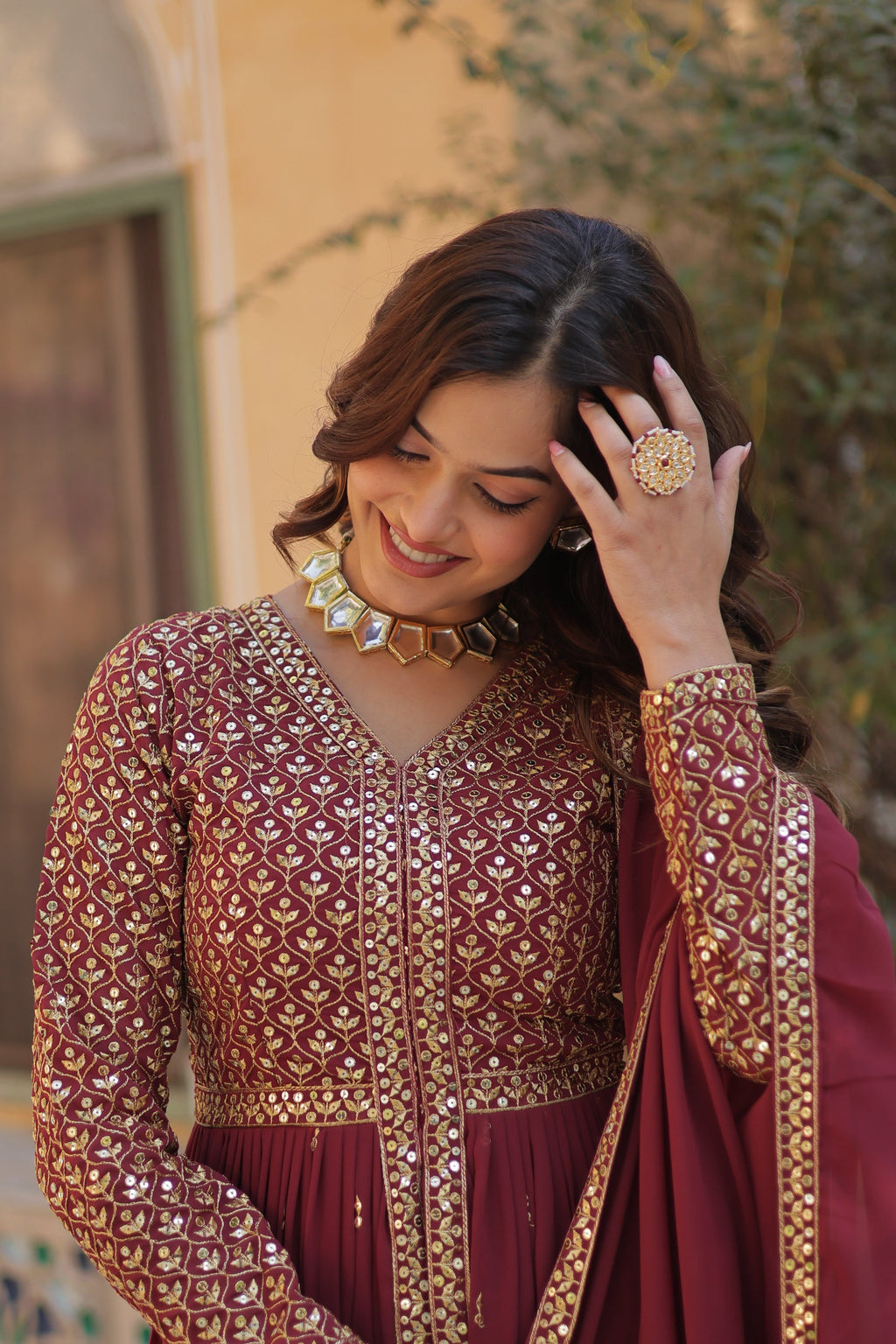 Deeshna peach embroidered anarkali gown set