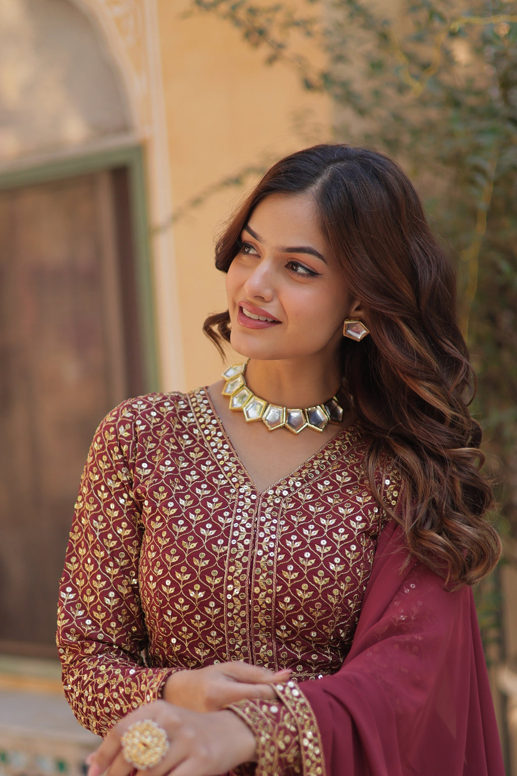 Deeshna peach embroidered anarkali gown set