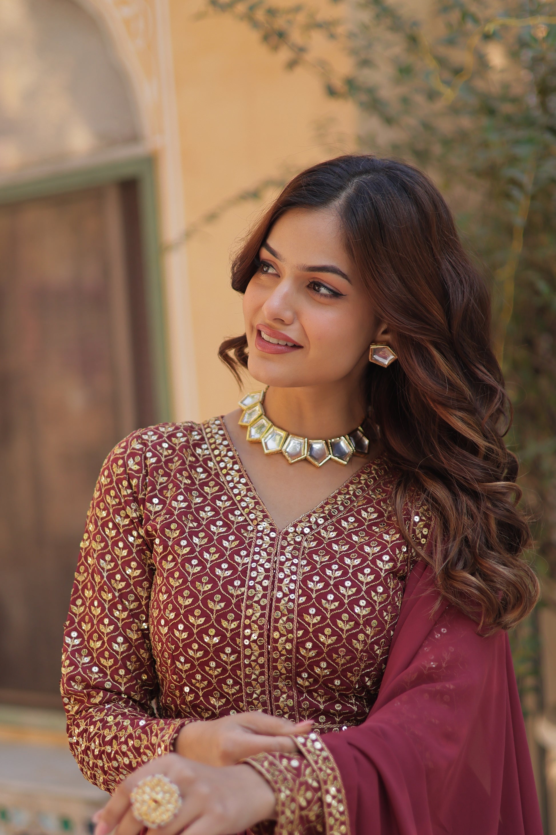 Deeshna peach embroidered anarkali gown set