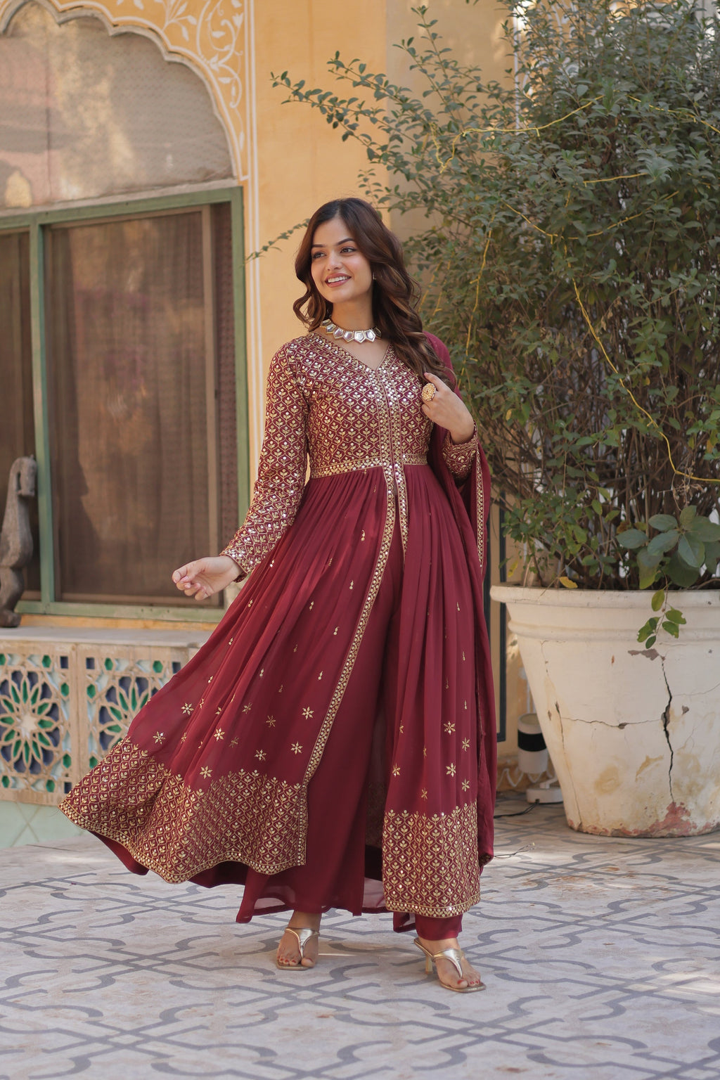 Deeshna peach embroidered anarkali gown set