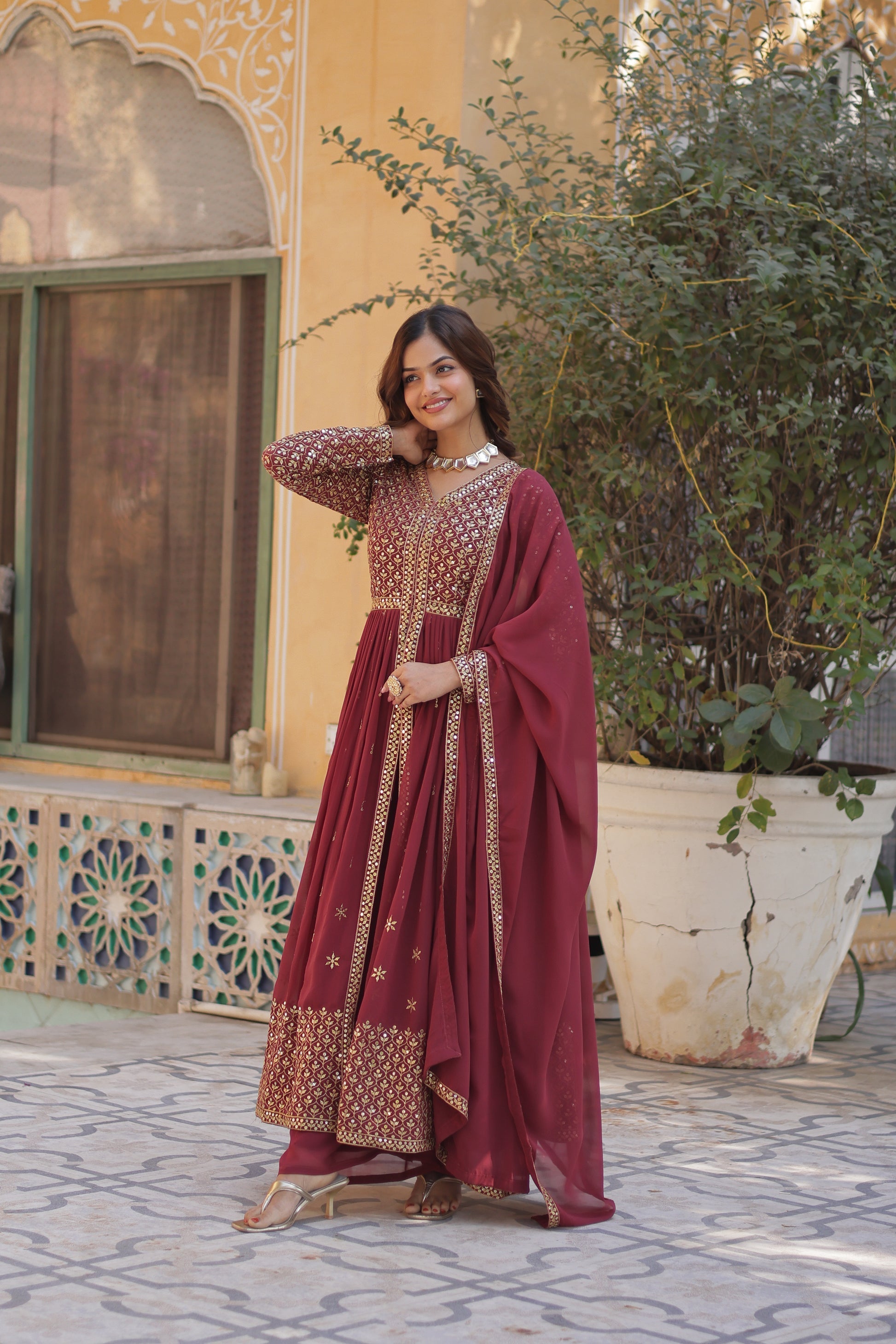 Deeshna peach embroidered anarkali gown set