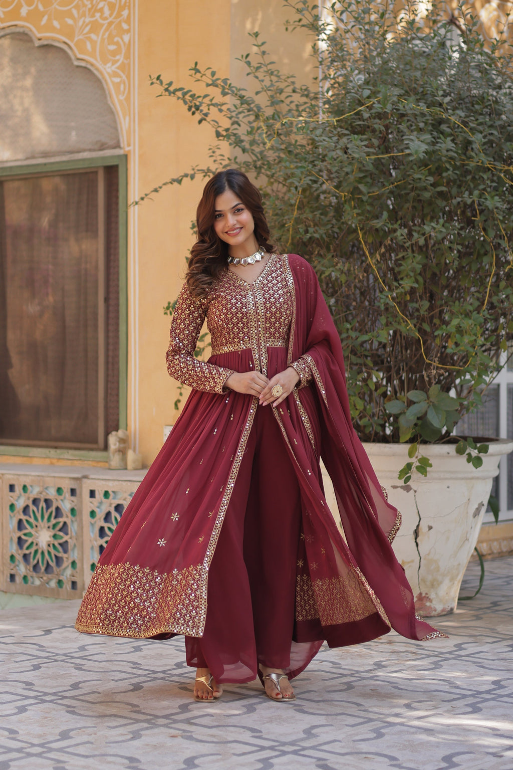 Deeshna peach embroidered anarkali gown set