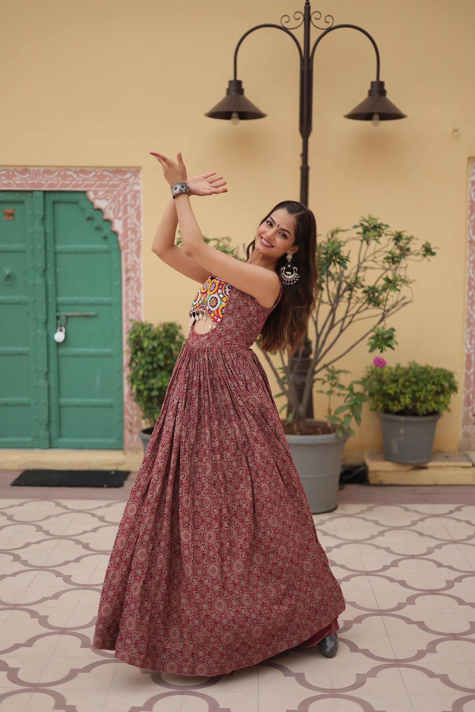 Brown cotton Gamthi embroidered Deetya Navratri gown