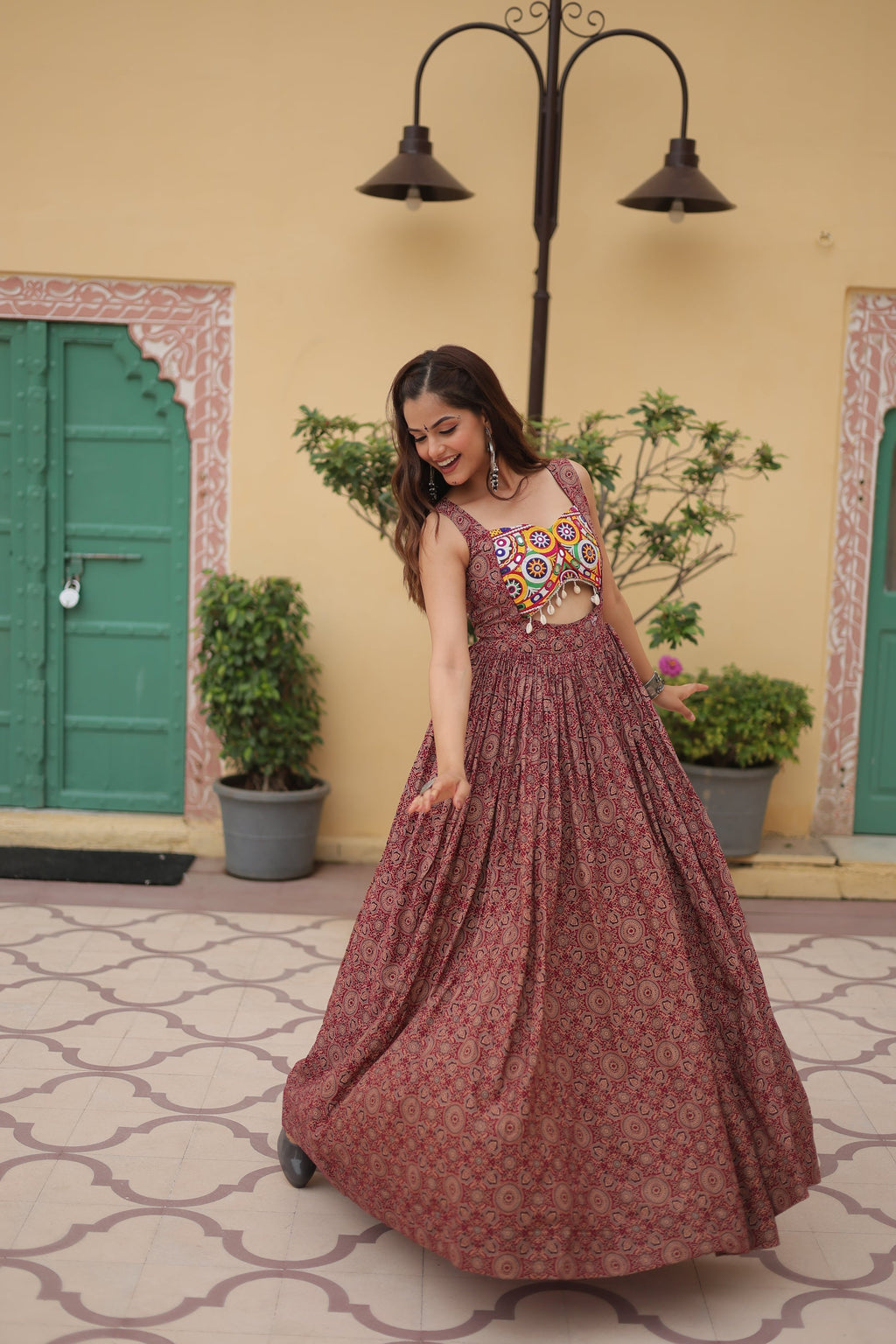 Brown cotton Gamthi embroidered Deetya Navratri gown