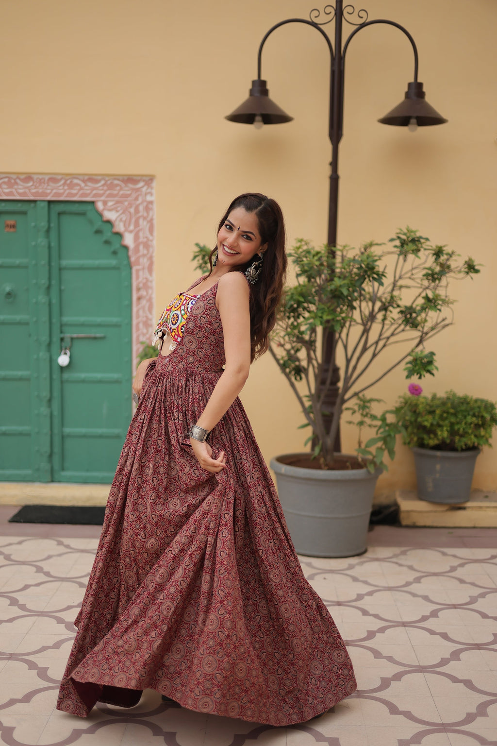 Brown cotton Gamthi embroidered Deetya Navratri gown