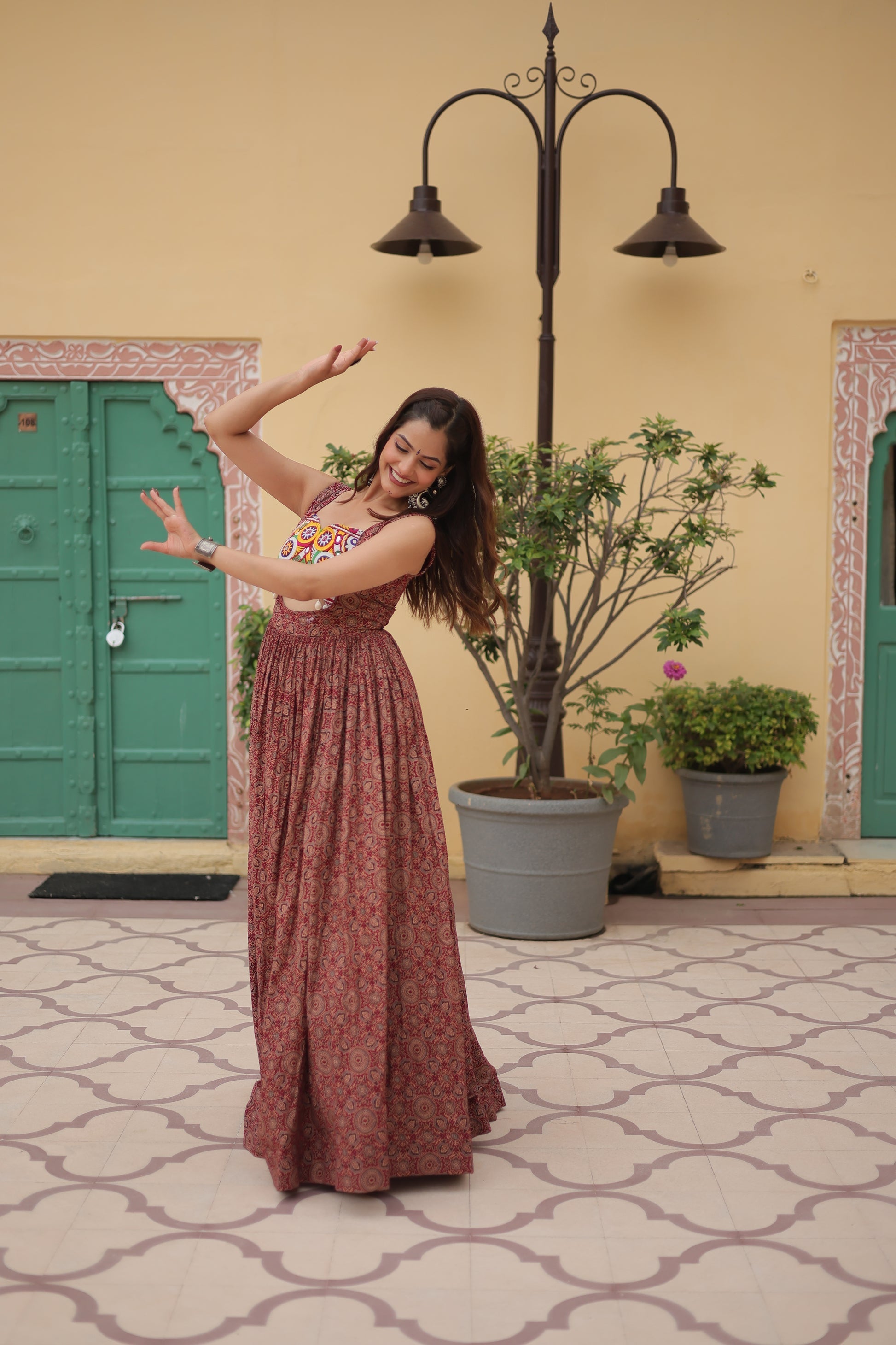 Brown cotton Gamthi embroidered Deetya Navratri gown