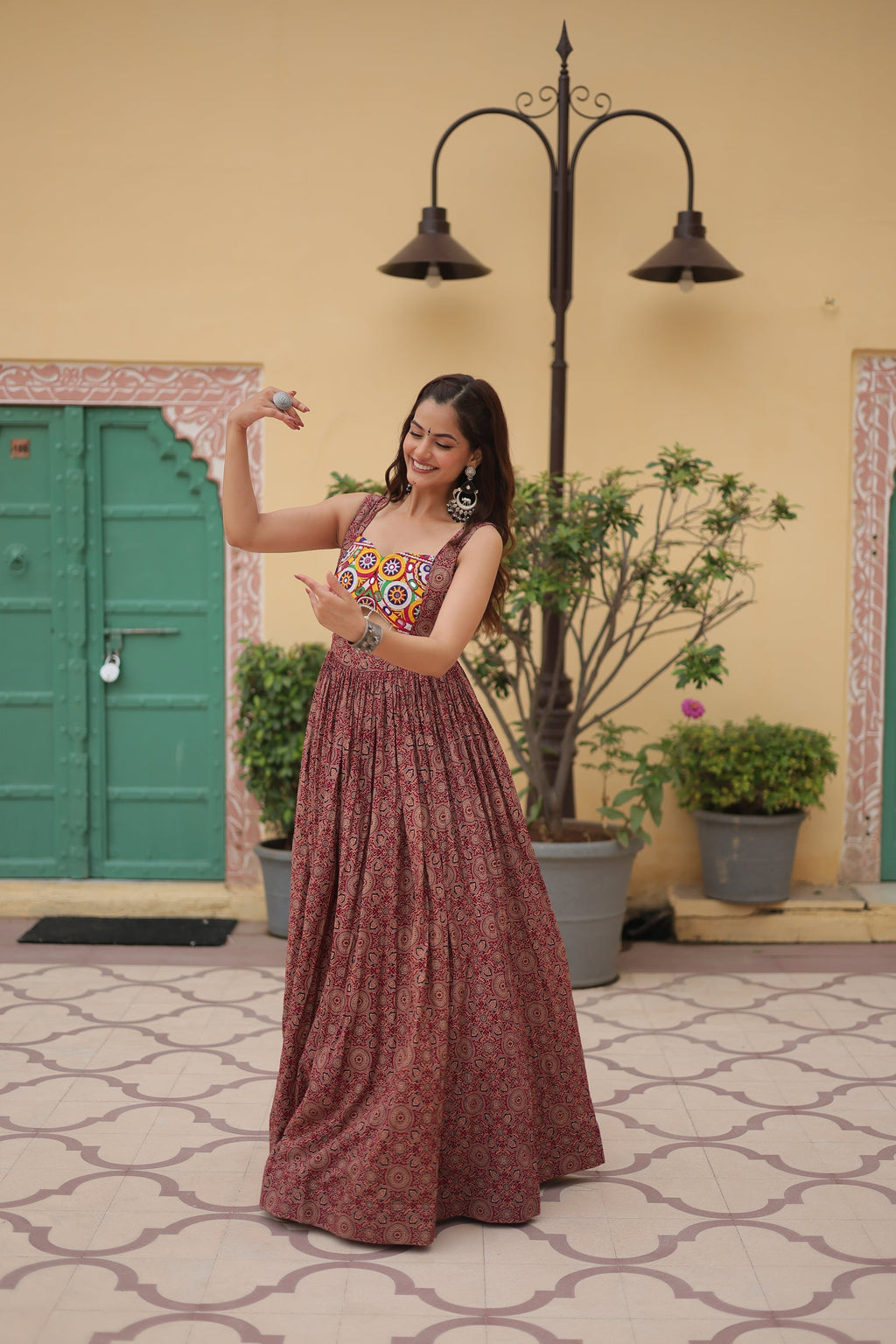 Brown cotton Gamthi embroidered Deetya Navratri gown