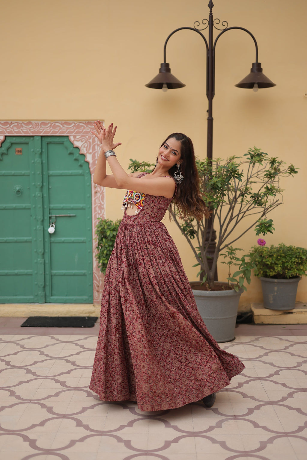 Brown cotton Gamthi embroidered Deetya Navratri gown