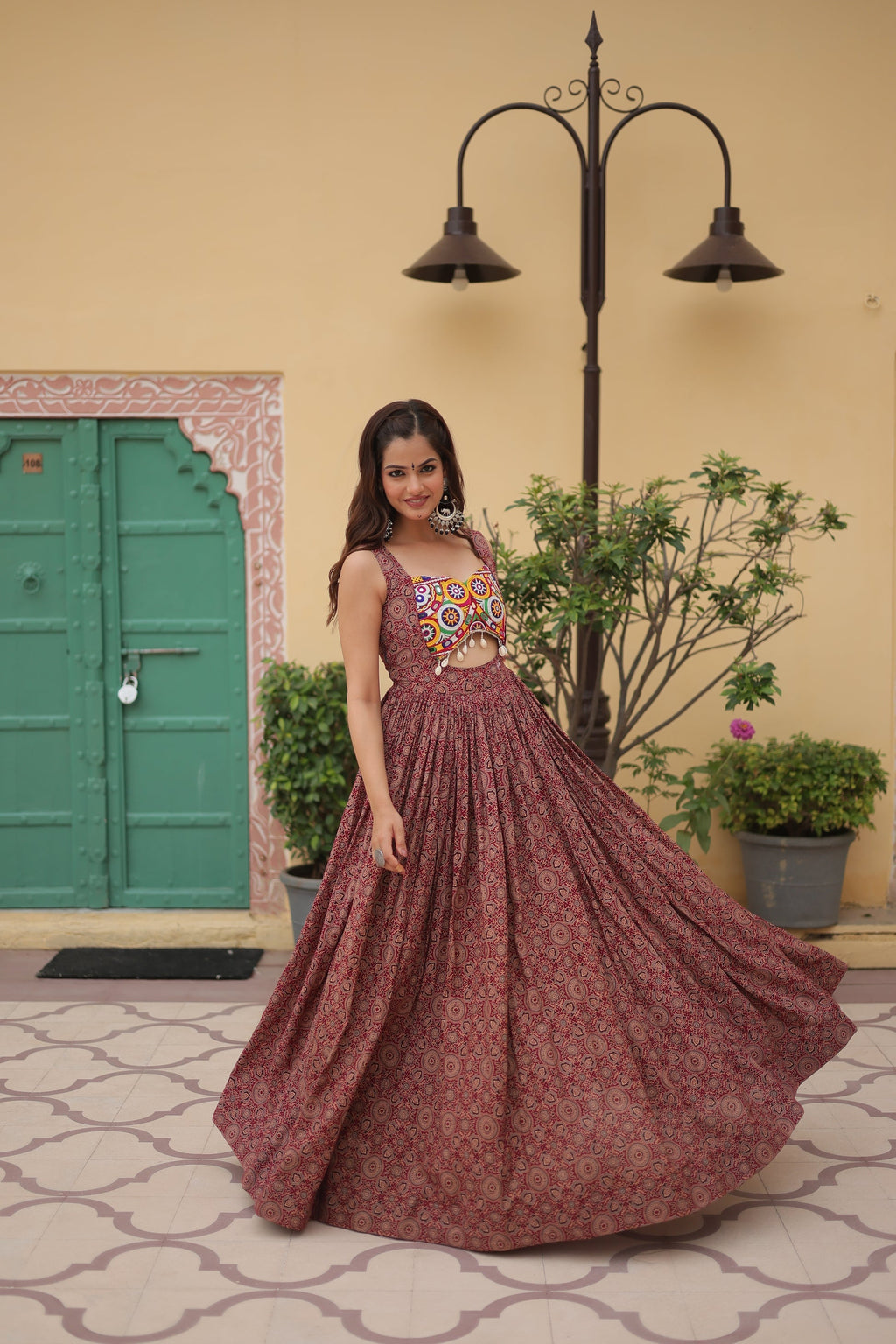 Brown cotton Gamthi embroidered Deetya Navratri gown