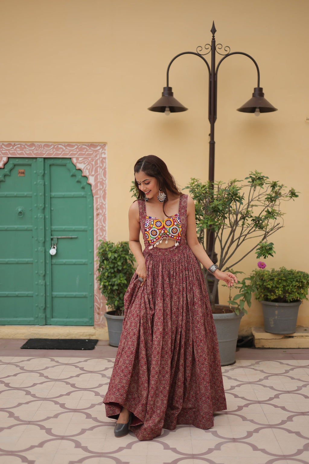 Brown cotton Gamthi embroidered Deetya Navratri gown