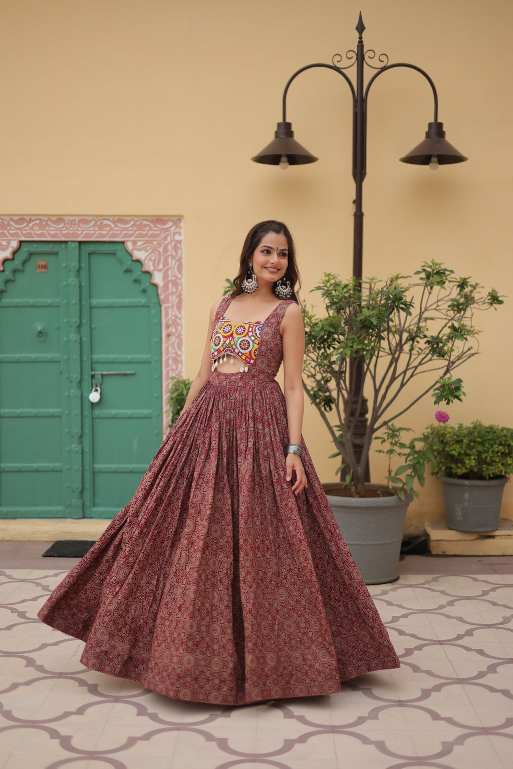 Brown cotton Gamthi embroidered Deetya Navratri gown