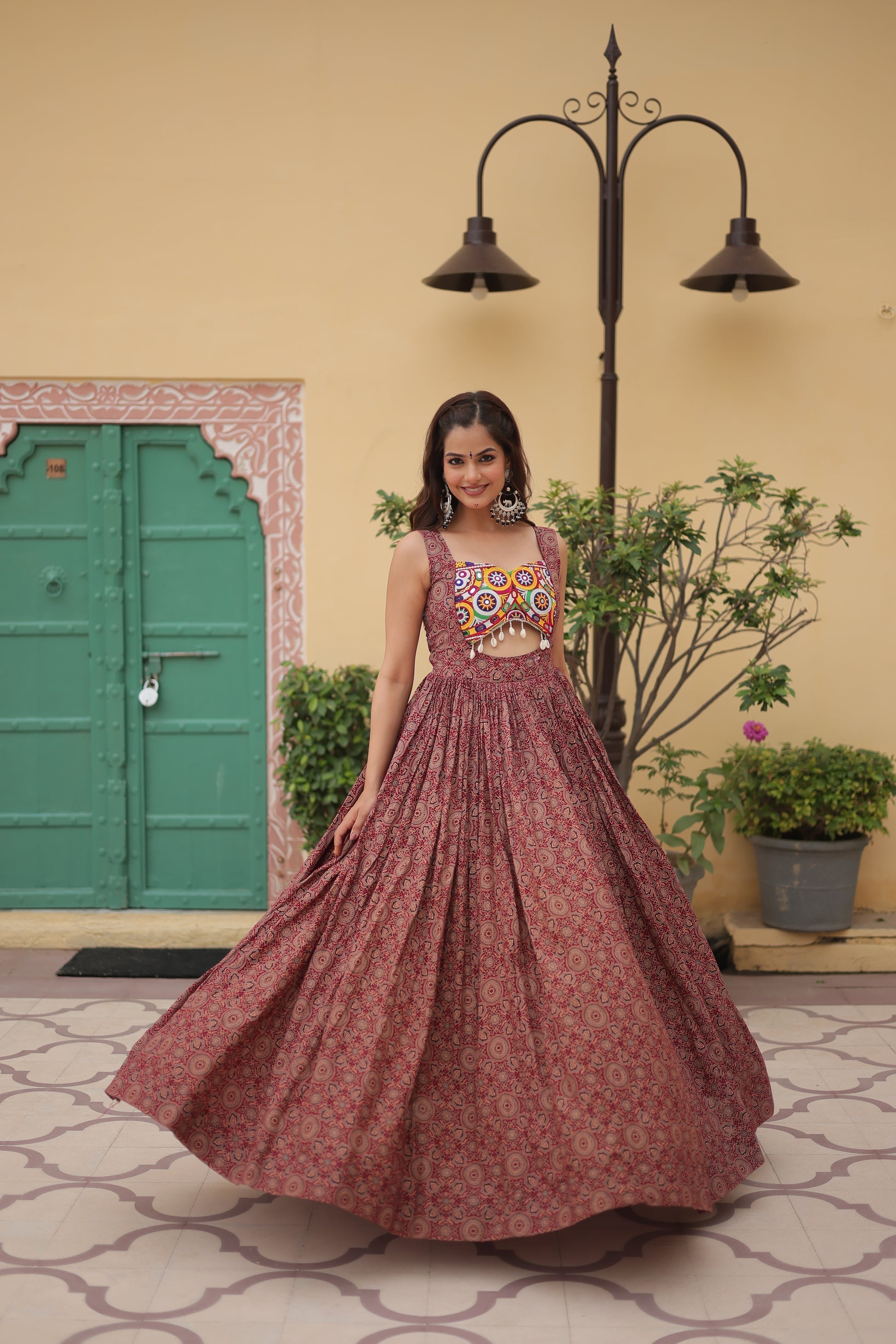 Brown cotton Gamthi embroidered Deetya Navratri gown