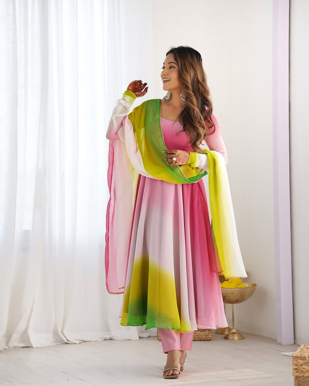 Devika multi pink flair georgette anarkali gown set