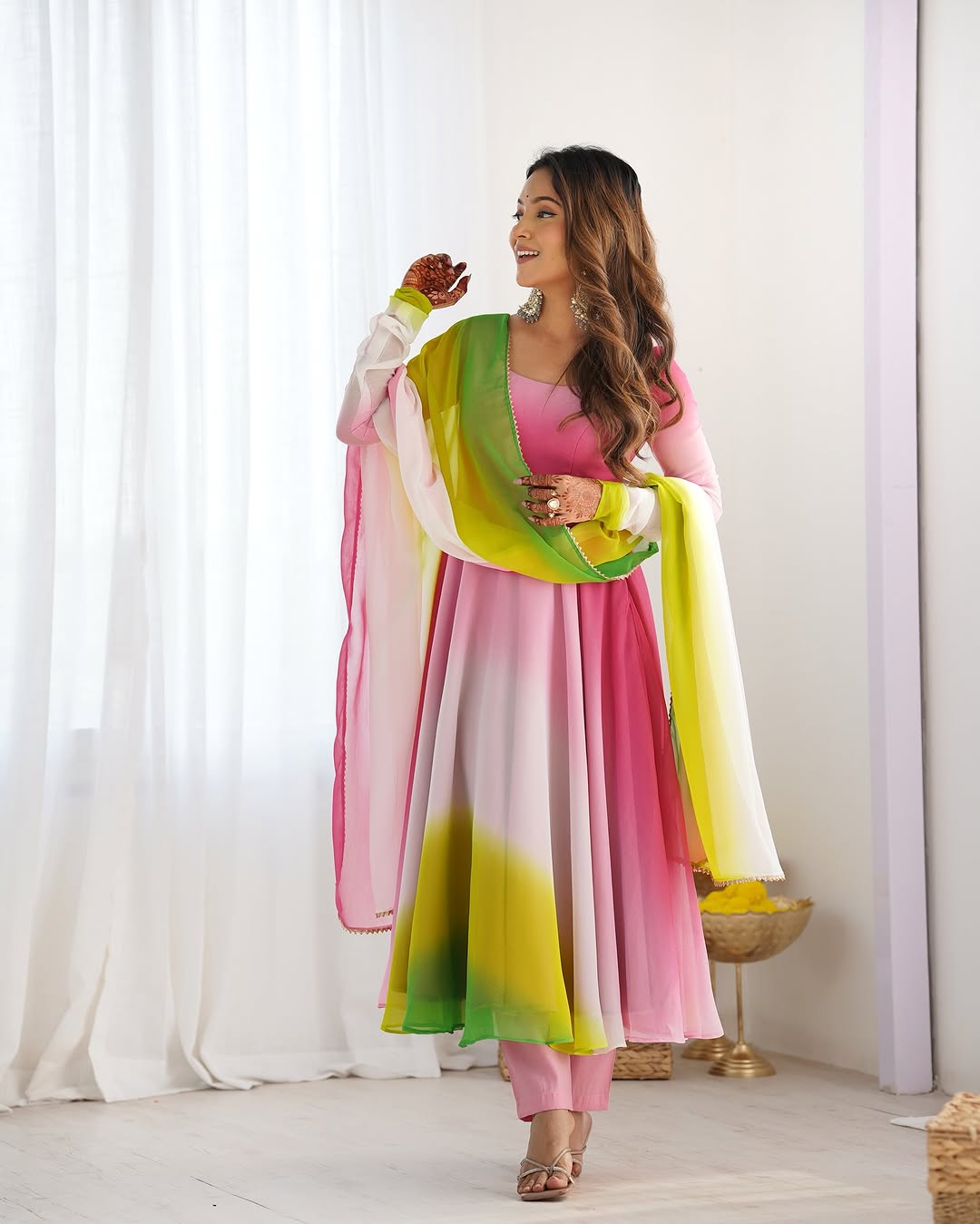 Devika multi pink flair georgette anarkali gown set