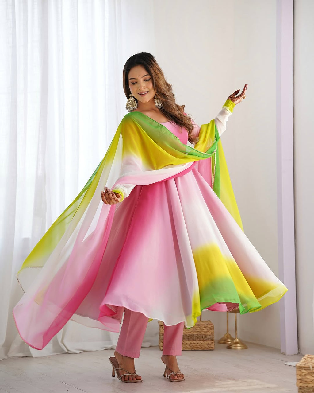 Devika multi pink flair georgette anarkali gown set