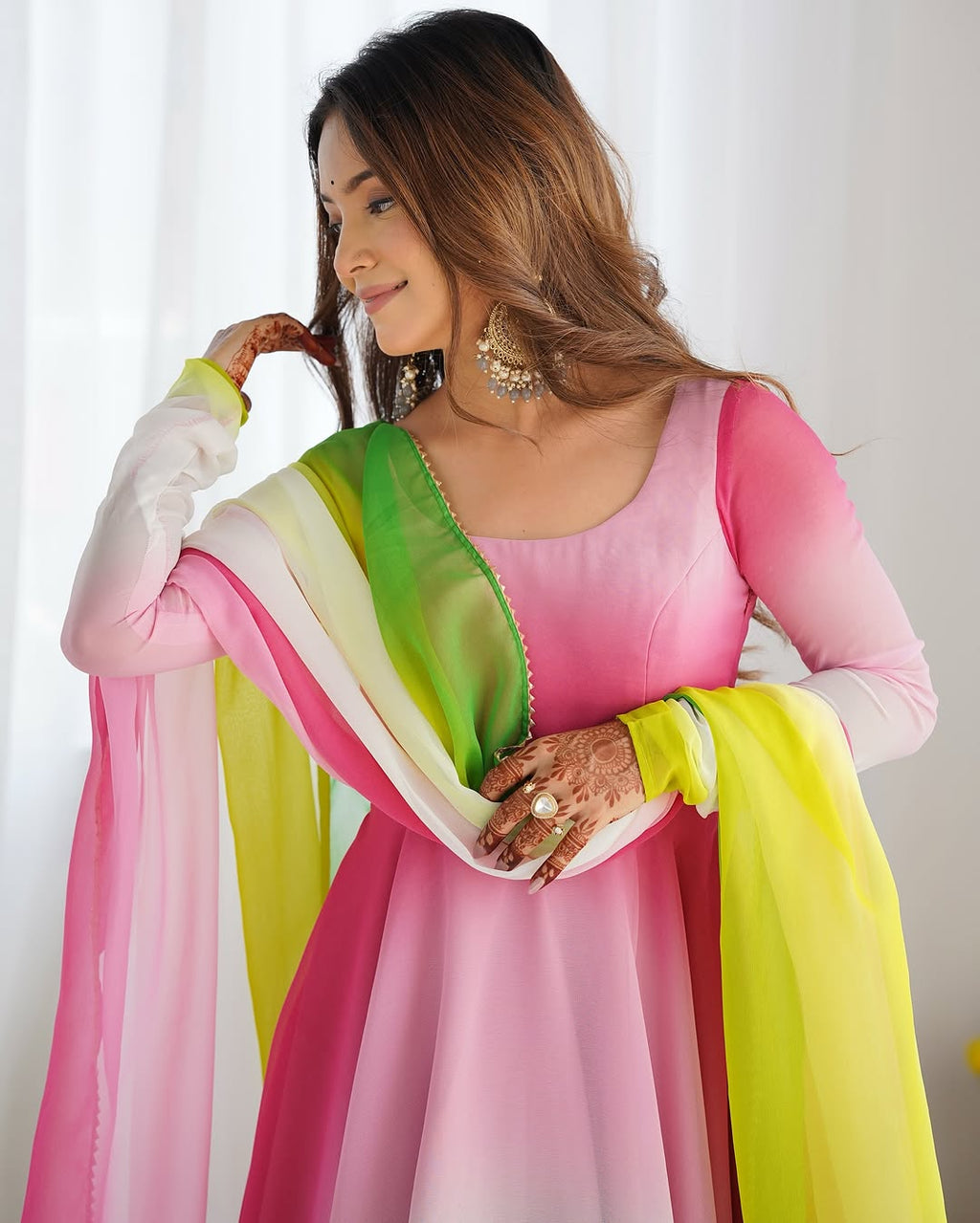 Devika multi pink flair georgette anarkali gown set