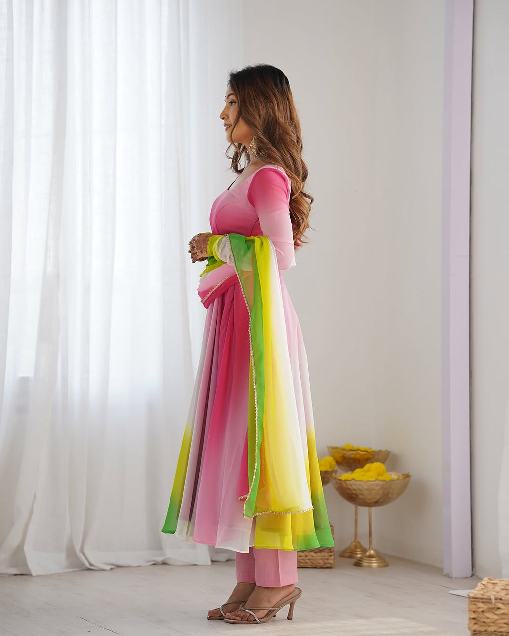 Devika multi pink flair georgette anarkali gown set
