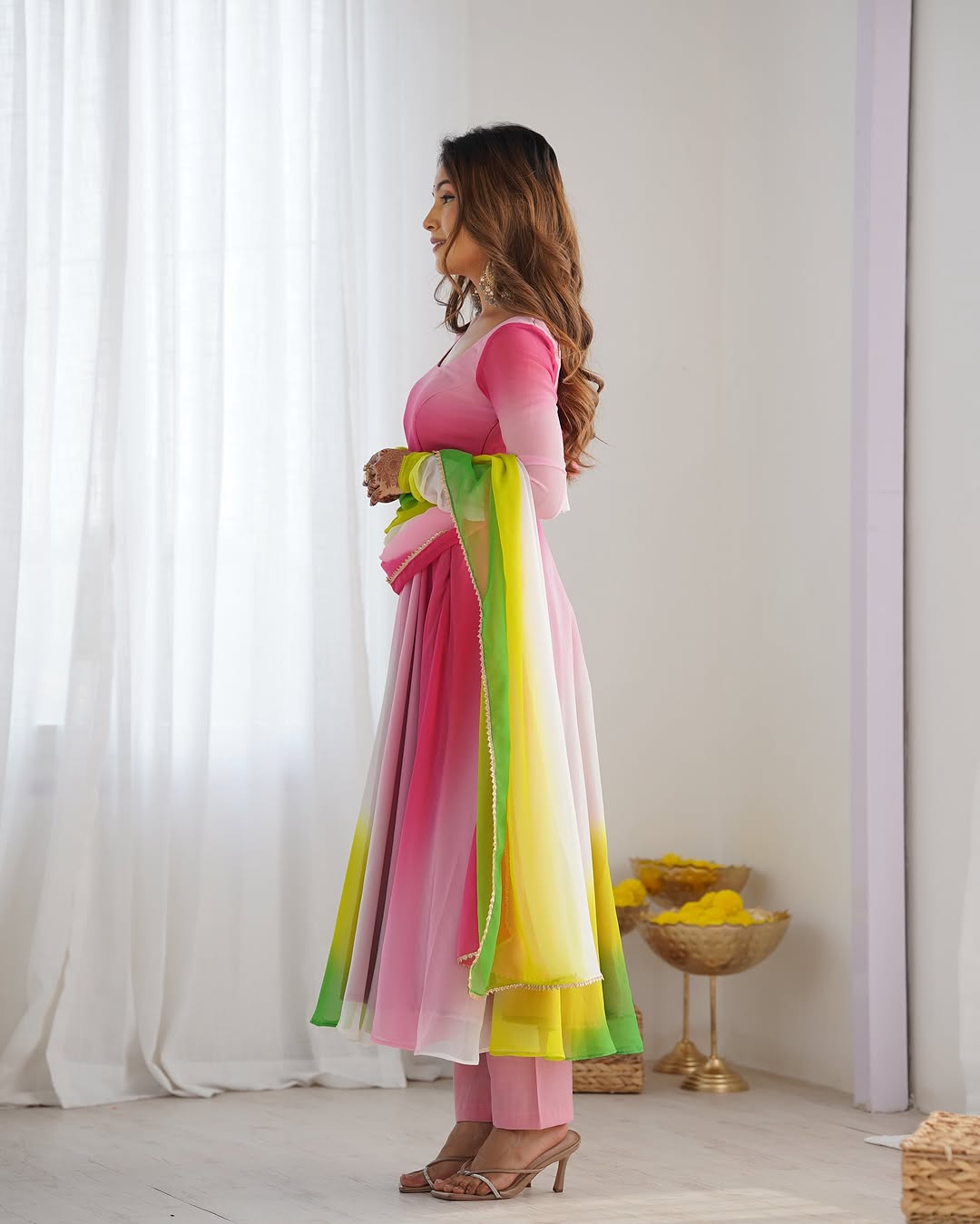 Devika multi pink flair georgette anarkali gown set