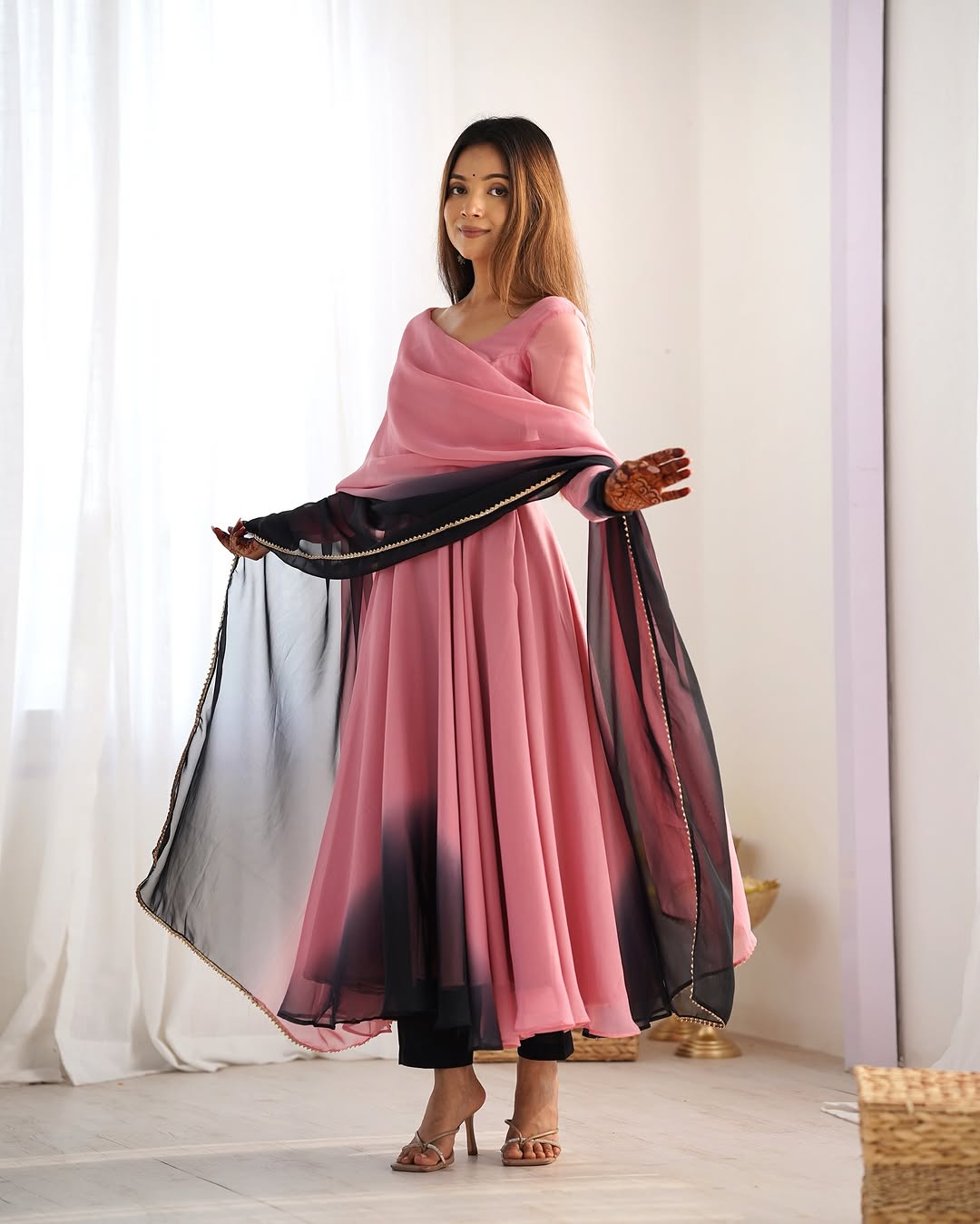 Onion pink georgette flared Devika designer Anarkali gown