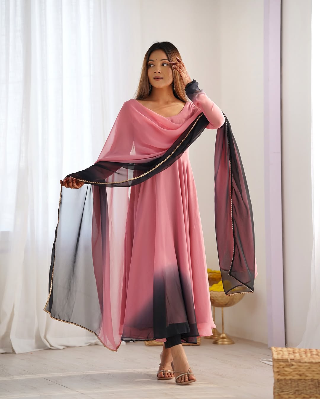 Onion pink georgette flared Devika designer Anarkali gown