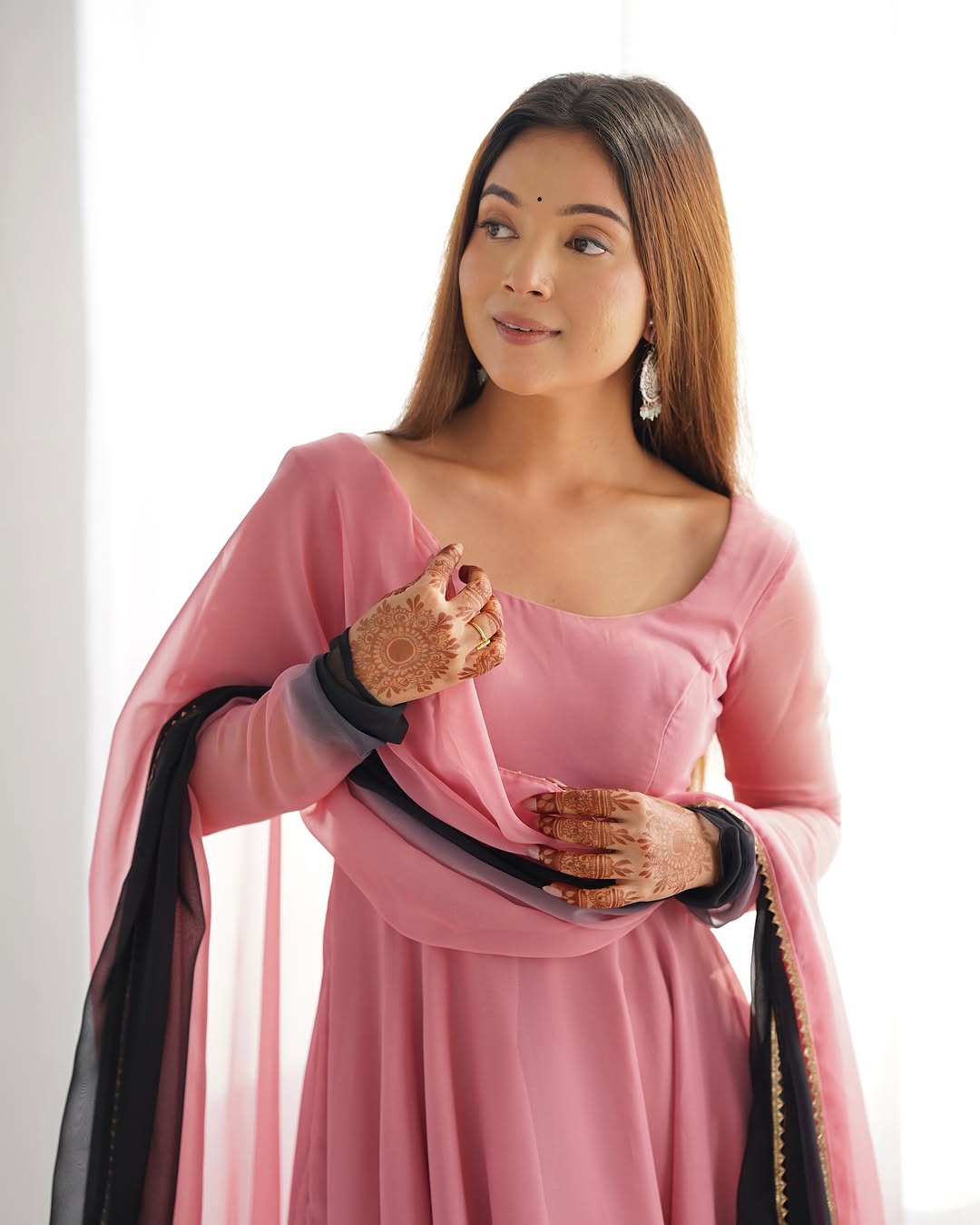 Onion pink georgette flared Devika designer Anarkali gown