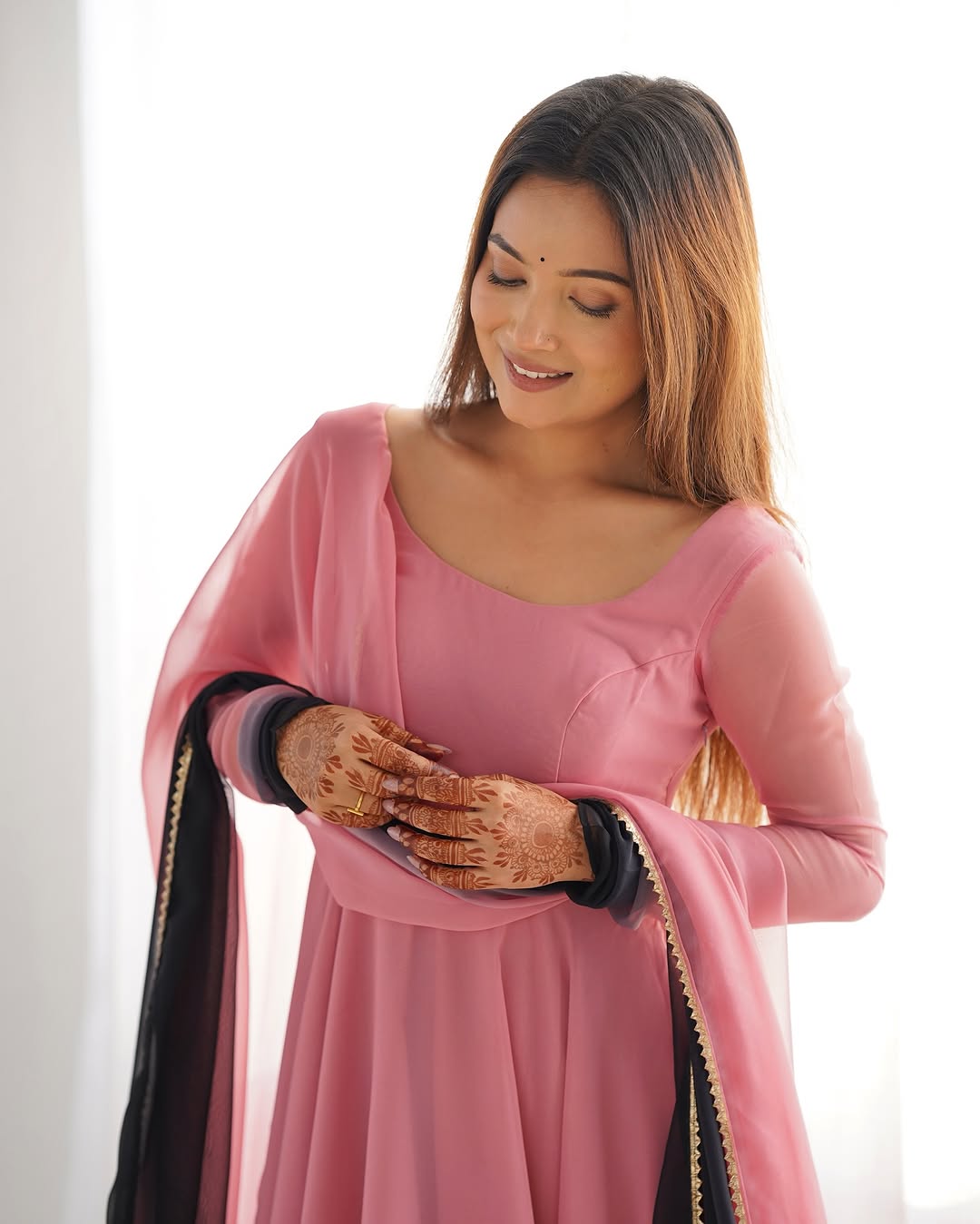 Onion pink georgette flared Devika designer Anarkali gown