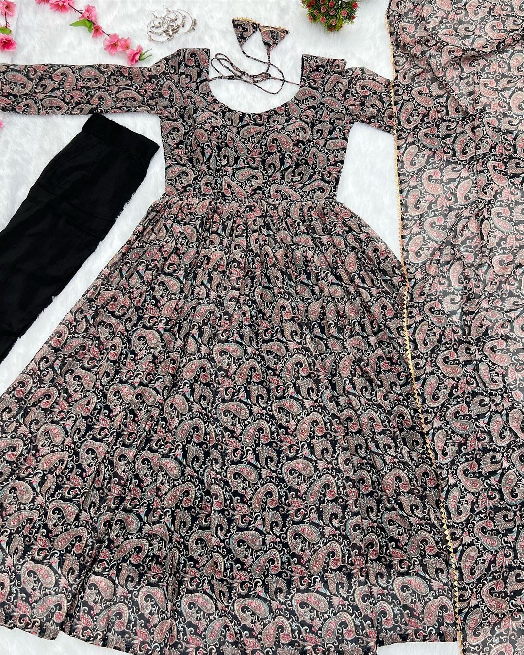 Black georgette ruffle flared Dityaa designer Anarkali suit