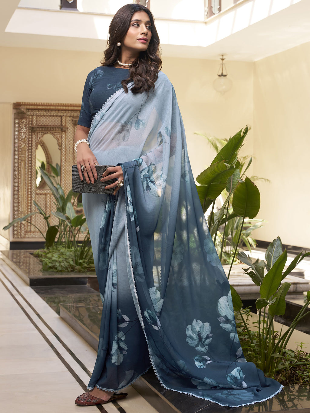 Dusty teal blue marble saree with floral print and lace border