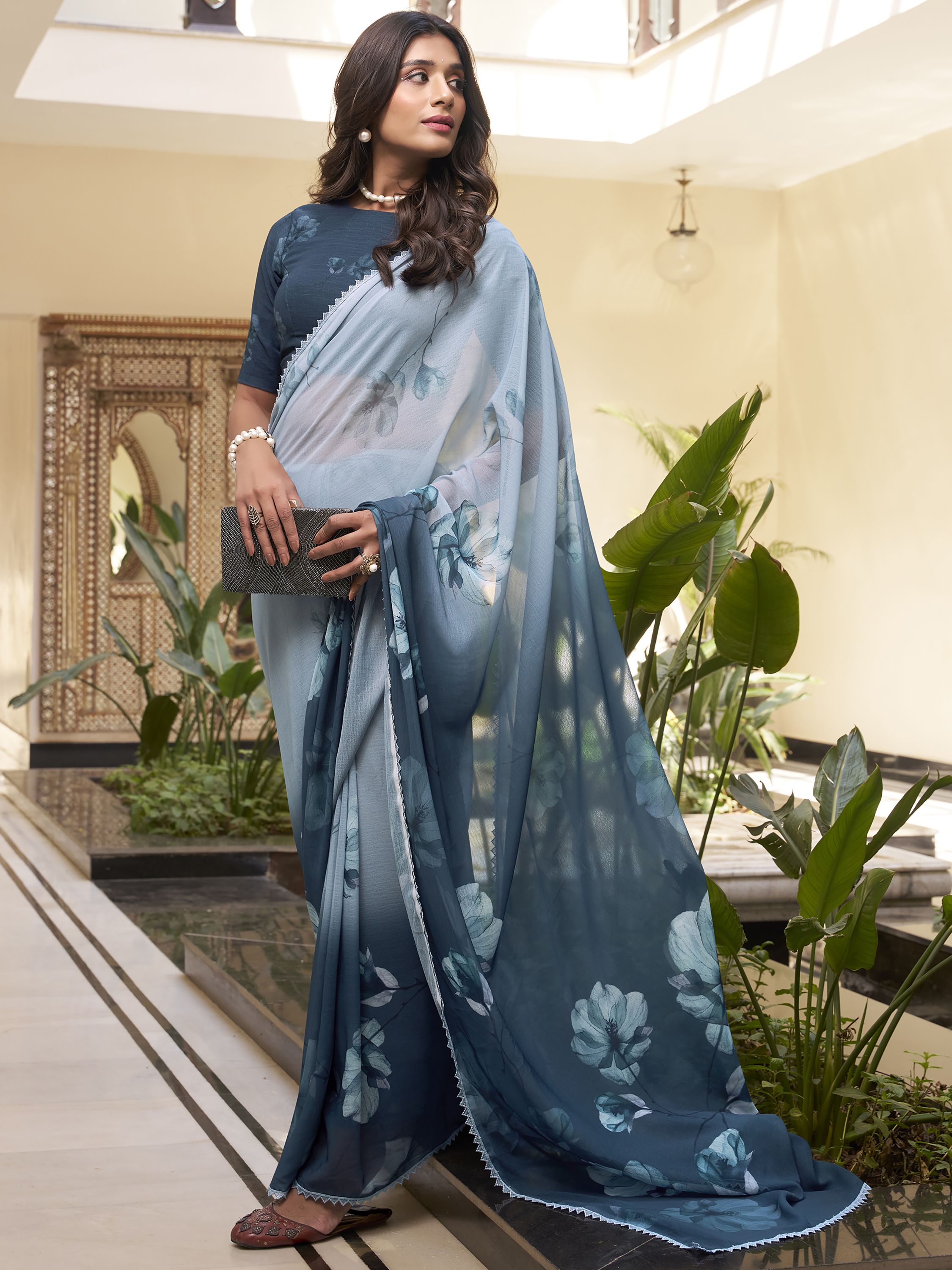 Dusty teal blue marble saree with floral print and lace border