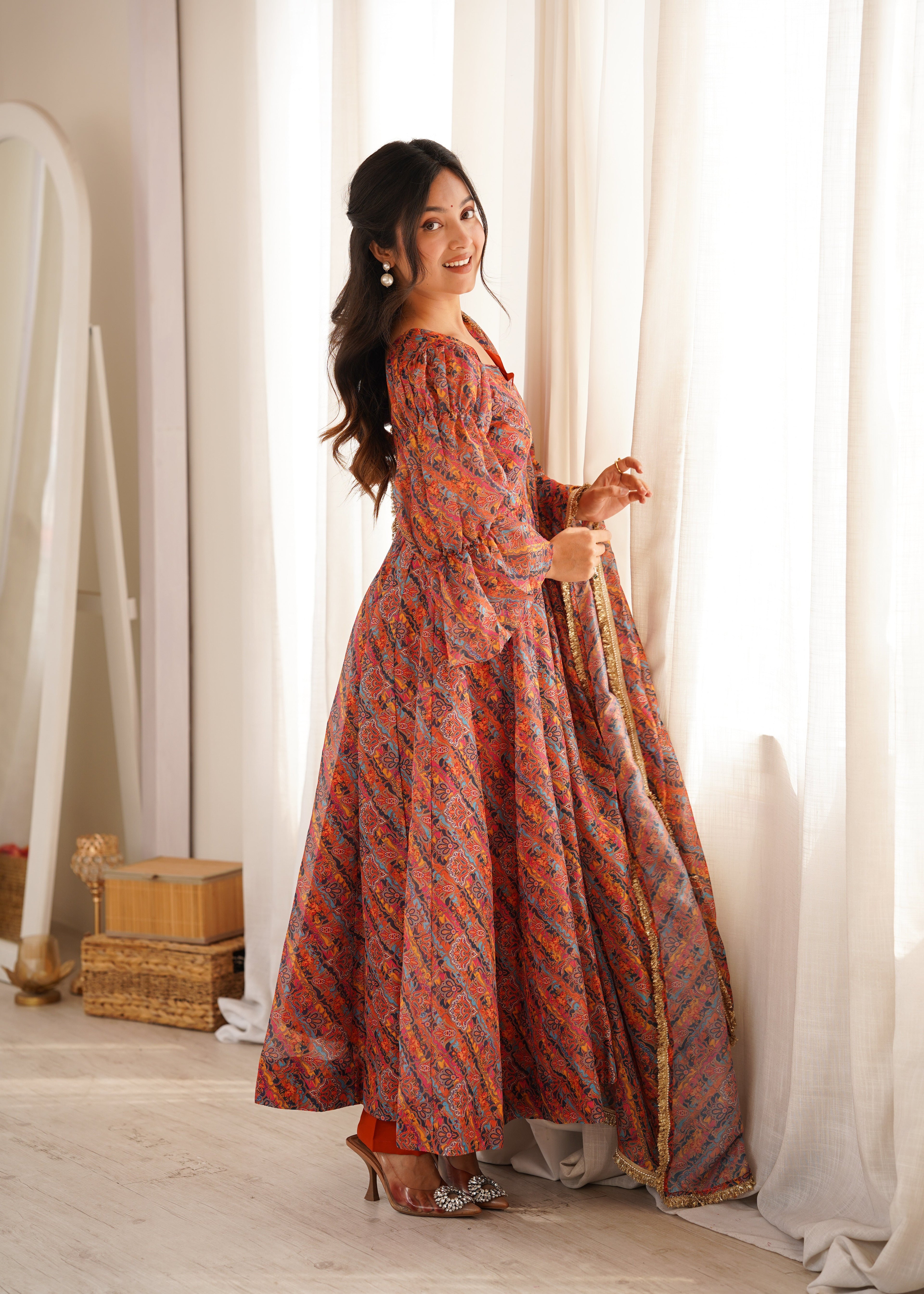 Sunset Printed Puff Sleeves Anarkali