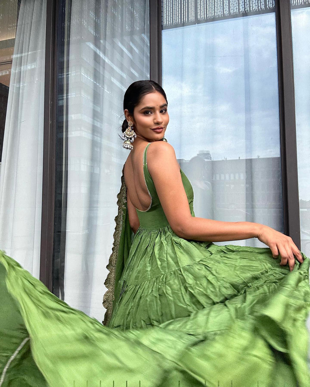 Emerald Elegance Green Anarkali Faux Georgette Ruffle Flair Gown Set