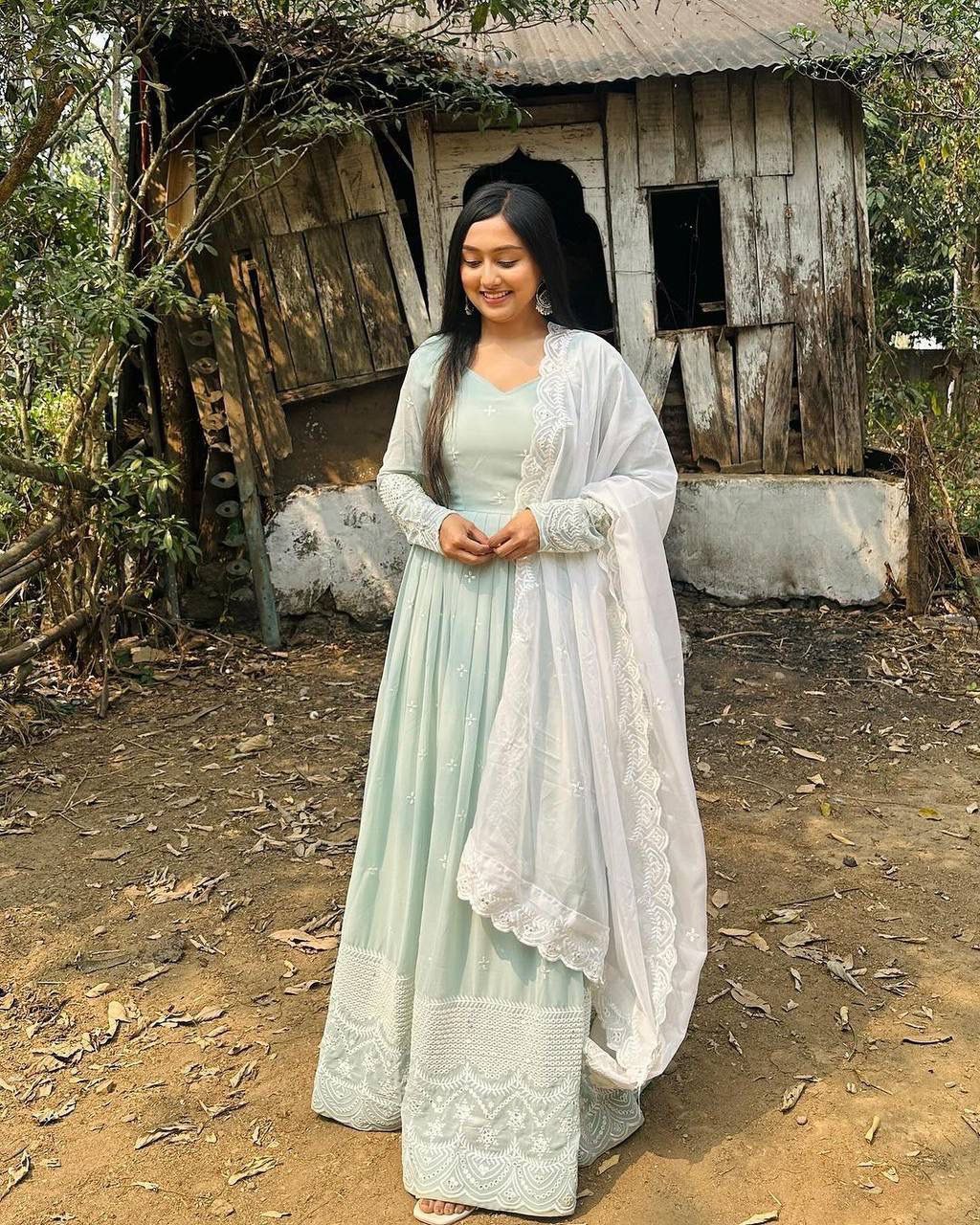 Meena light green georgette anarkali gown set