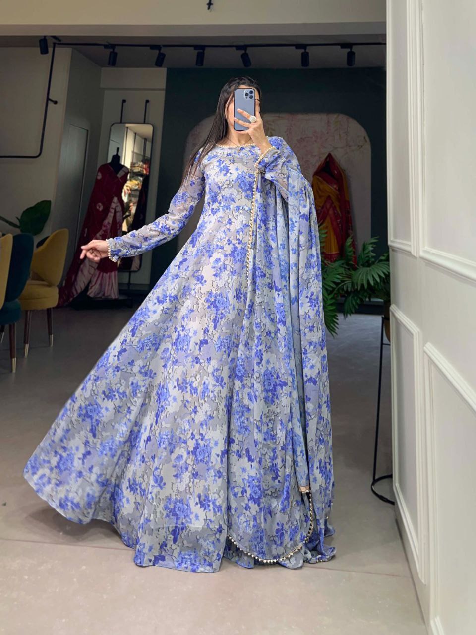 Enchanting georgette floral print pearl lace border kurti set