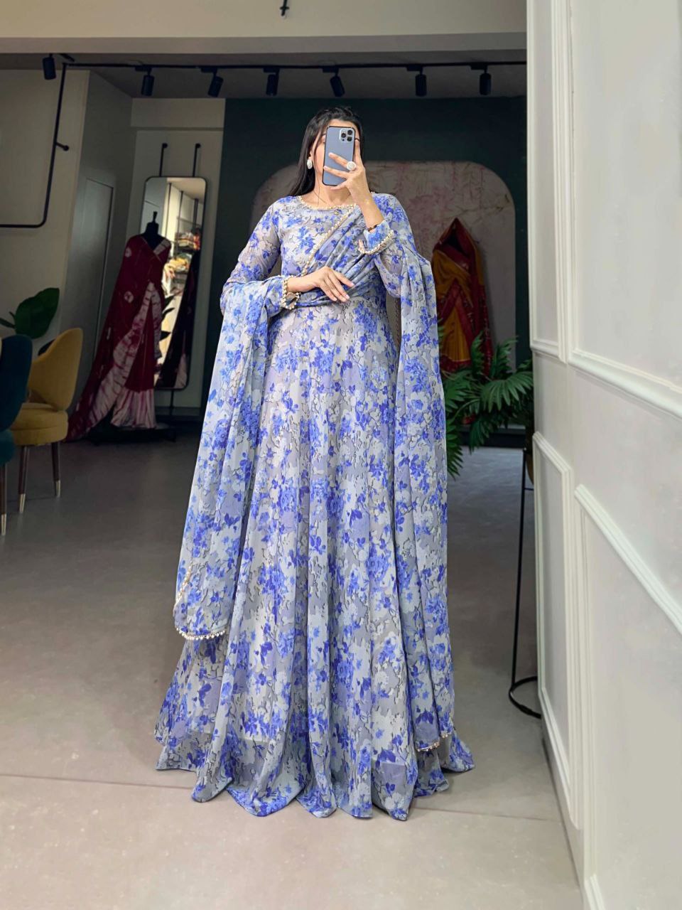 Enchanting georgette floral print pearl lace border kurti set