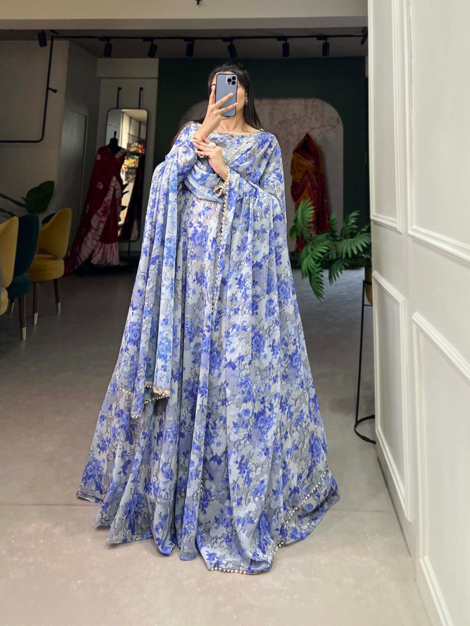 Enchanting georgette floral print pearl lace border kurti set