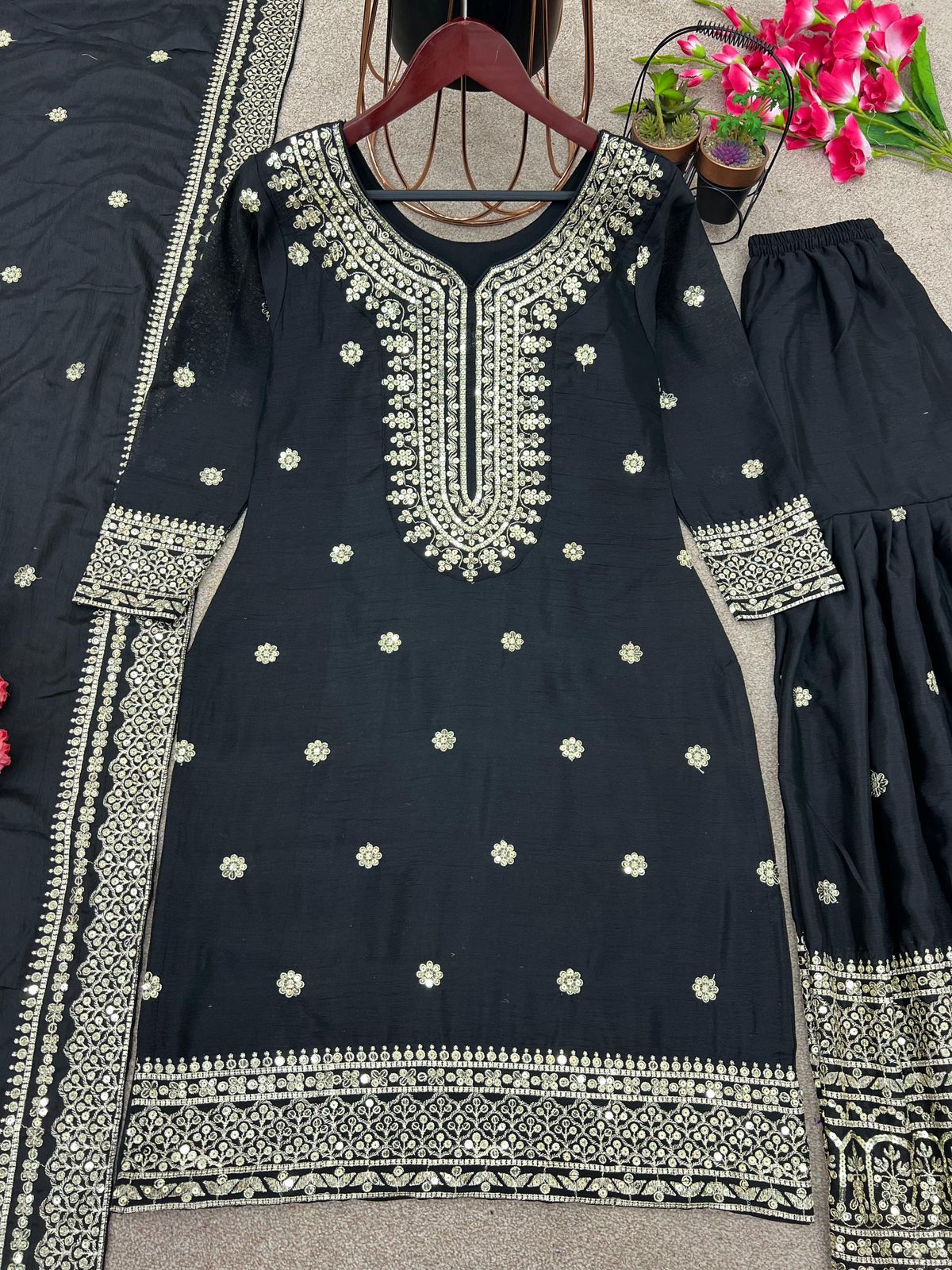 Enchanting Sequined Silk Trio Ensemble in desi style