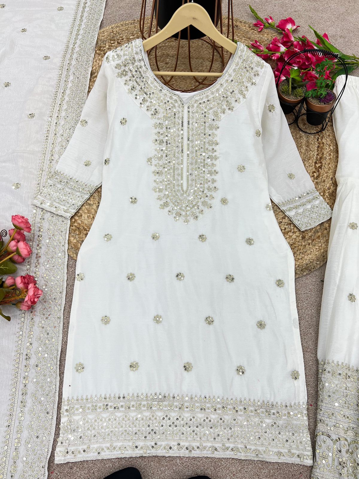 Enchanting Sequined Silk Trio Ensemble in desi style