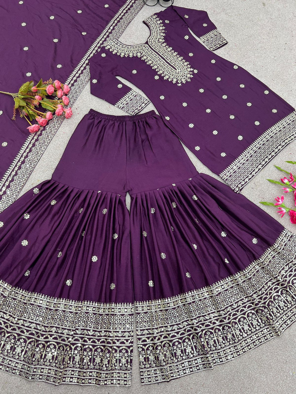 Enchanting Sequined Silk Trio Ensemble in desi style