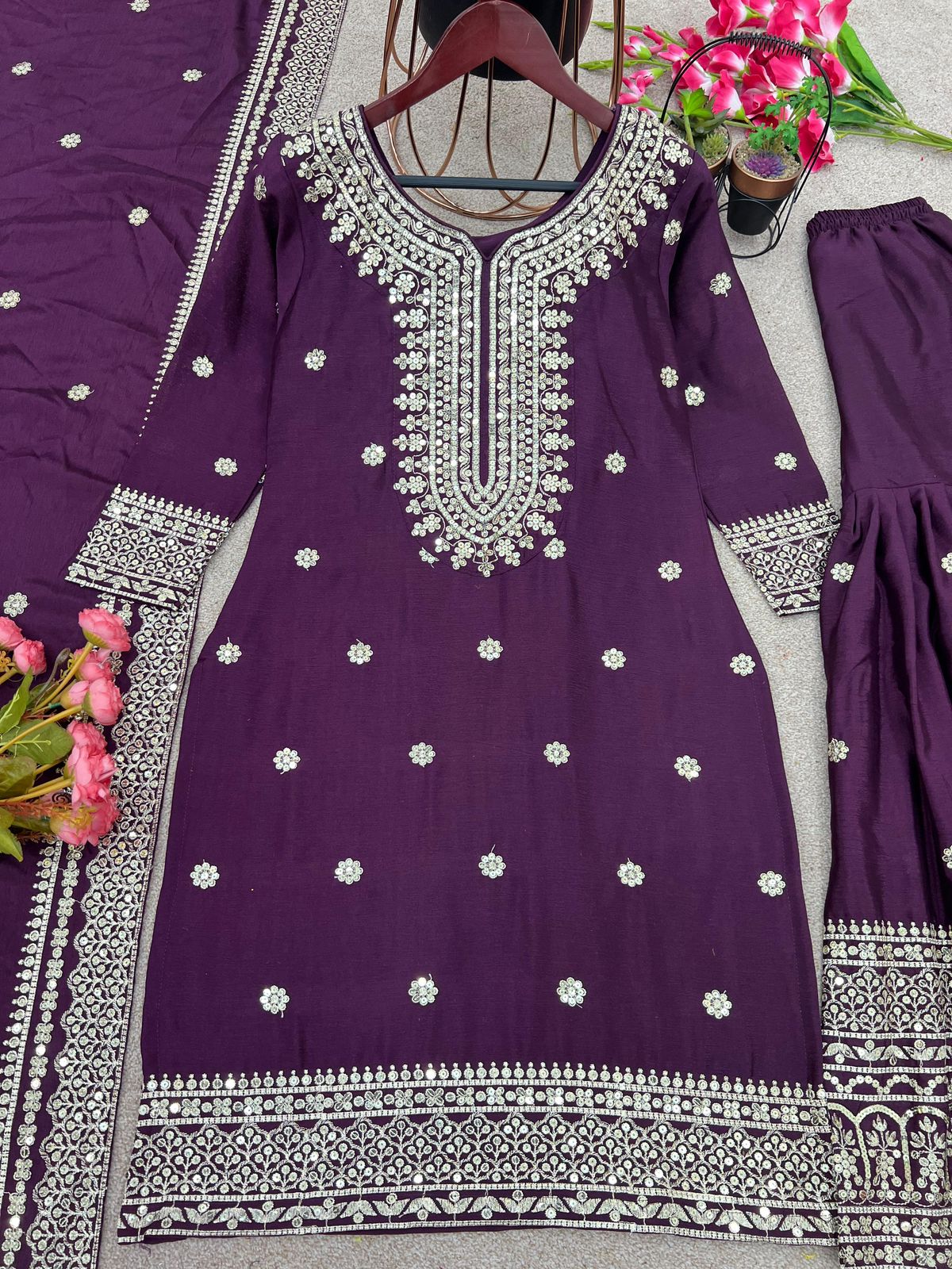 Enchanting Sequined Silk Trio Ensemble in desi style