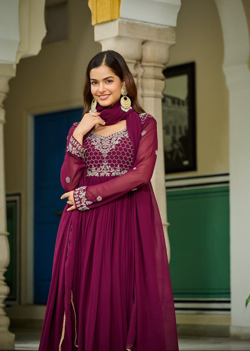 Wine Gown With Beads Embroidery Gown