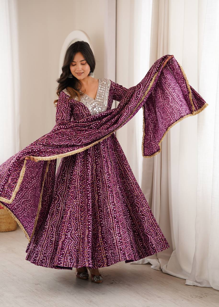 Bandhani Mirror Embroidered Gown Set