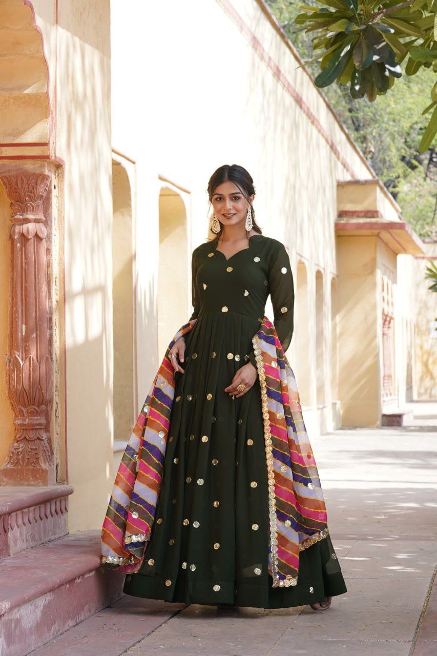 Dhumavati green georgette anarkali gown suit set