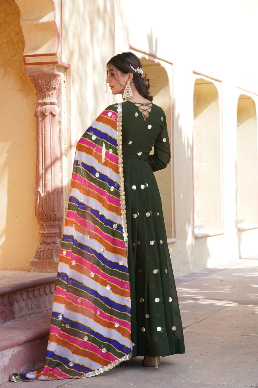 Dhumavati green georgette anarkali gown suit set