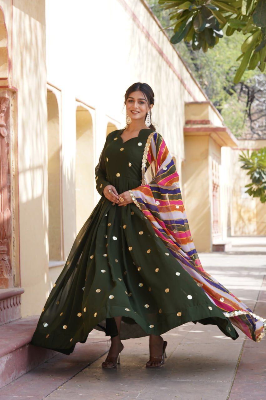Dhumavati green georgette anarkali gown suit set